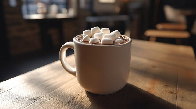 Cozy mug of hot chocolate captured from a front angle, evoking warmth and workspace inspiration