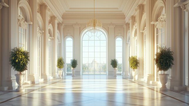 Elegant hallway with marble floors and decorative columns, exuding refined sophistication in luxurious interior design