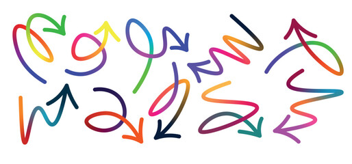 Colorful gradient line arrows. Curve arrow with raindow gradient shapes. Wavy line in bright colors. Vector illustration