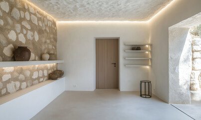 Simple chic room with a snowy white wall and wooden decor, exuding sophistication and elegance