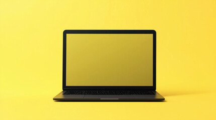 A realistic black  laptop mockup with a blank screen, featuring a sleek design, modern keyboard, and customizable display, perfect for presentations and branding projects isolated on yellow background