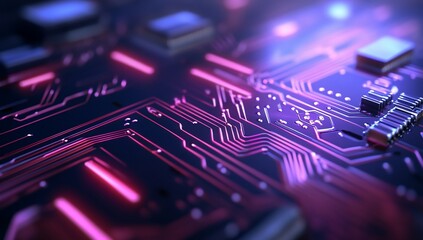 Circuit board technology close-up, glowing lines, futuristic tech