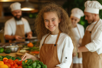 Young chef prepares fresh vegetables in a bustling kitchen alongside her team