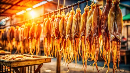 Dried Squid Hanging on Bamboo Poles: Authentic Asian Seafood Market Scene