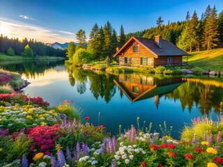 Obraz premium Drone View: Cozy Cabin Lakeside, Vibrant Flowers, Serene Summer Escape
