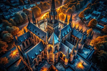 Obraz premium Drone View Gothic Architecture, Dark Patterned Backdrop, Aerial Photography
