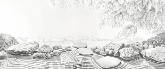 Artistic pencil drawing of a peaceful zen garden delicate rock patterns fine leaf details and soft gradients in the background