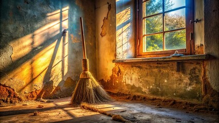 Dusty Weathered Room with Old Broom - Vintage Interior Stock Photo