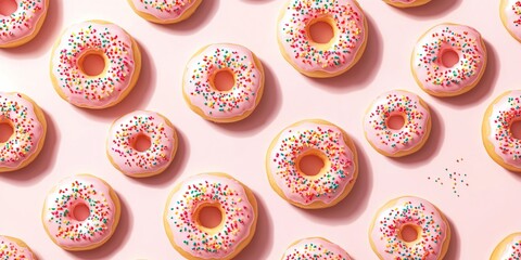 Flat lay of pink donuts with sprinkles on a pink background.
