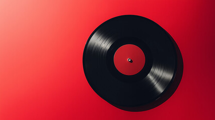 Obraz premium A 12-inch black vinyl LP record is a large, analog music disc housed in a cardboard cover, featuring grooves that store audio isolated on red background