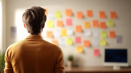 person yellow sweater stands front of wall covered with colorful sticky notes, deep thought
