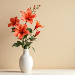 Fiery red tropical flowers in a minimalist white vase against a soft beige backdrop. Perfect for adding sophistication and tranquility to any space.