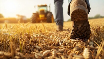 Farmer walking through harvested wheat field, tractor in background. (1)