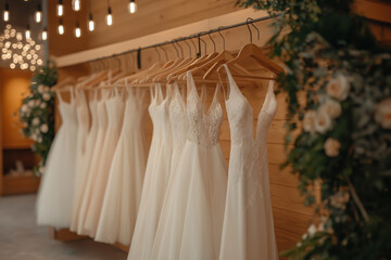 Elegant wedding dresses displayed in a charming boutique with warm lighting