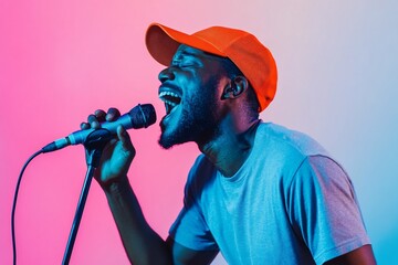 A young Black man passionately sings into a microphone, vibrant studio lighting illuminating him.