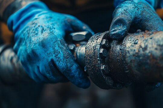 Close-up of gloved hands tightening a rusty pipe fitting.