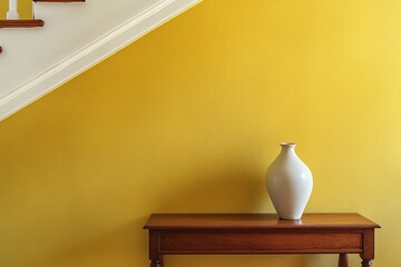 White vase on wooden table against yellow wall with staircase.