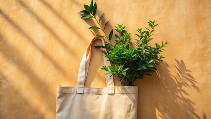 Eco-Friendly Lifestyle: Reusable Bag & Green Plant Branch on Natural Background