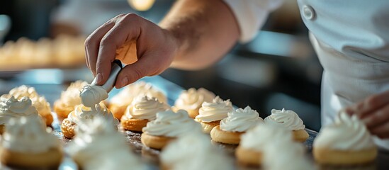 Close-up of a chef meticulously piping creamy frosting onto freshly baked pastries.