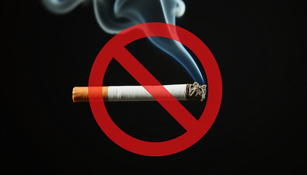 Prohibido fumar: un signo redondo rojo con una l&iacute;nea diagonal que cruza un cigarrillo humeante sobre fondo negro