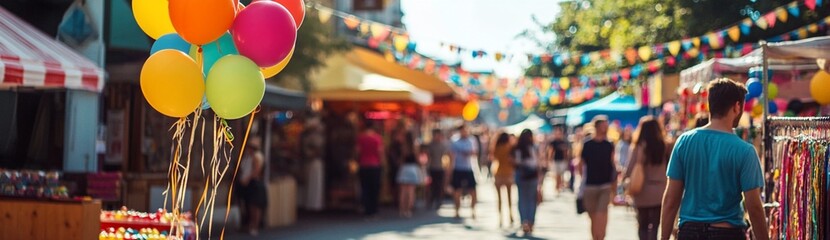 Fototapeta premium Festive street market with colorful balloons and blurred crowds.
