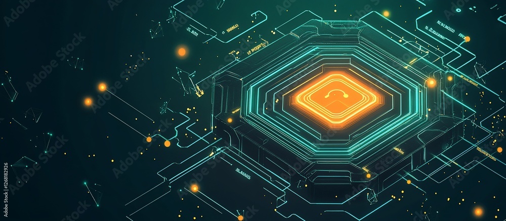 Wall mural abstract glowing teal hexagonal tech core with orange center.