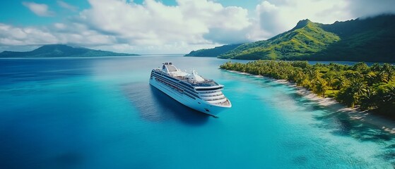 Cruise ship anchored near a tropical island.