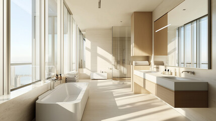Clean-lined bathroom with sleek finishes and large mirrors creates a luxurious, modern personal sanctuary perfectly