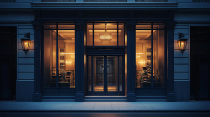 A pristine glass entrance contrasting deep navy blue creates a striking modern architectural focal point