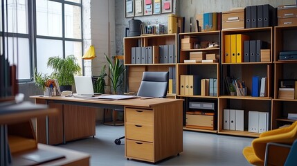 Modern Office Workspace with Wooden Desk, Shelving, and Yellow Chair