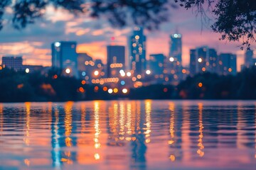 Fototapeta premium City skyline reflected in calm water at sunset, blurred bokeh effect.