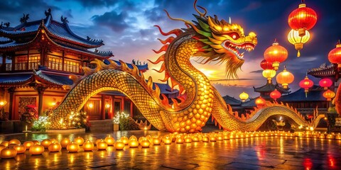 Fototapeta premium Elegant Chinese New Year Celebration: Golden Dragon & Lantern Lights Background