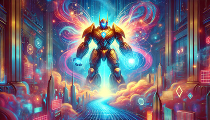 Der digitale Held in einer futuristischen Stadt