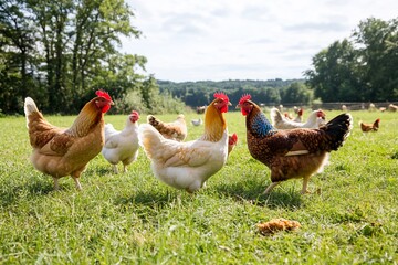 Chickens grazing in a field