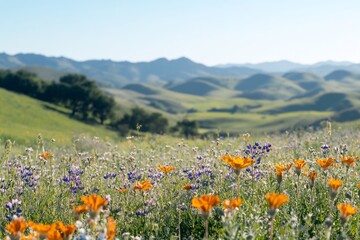 Vibrant wildflowers bloom in a lush green meadow, set against a backdrop of rolling hills under a clear blue sky.