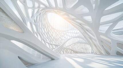 Fototapeta premium Abstract white architectural interior with complex, organic, swirling structures and bright sunlight.
