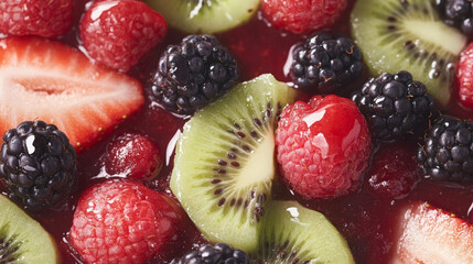 Obraz premium Fresh mixed berries and kiwi in vibrant fruit salad