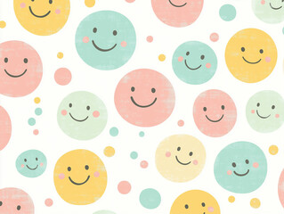 Seamless pattern of smiley face shapes in soft pastel hues, creating a cheerful and playful design