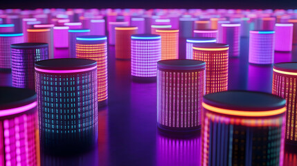 Neon data cylinders, digital city, futuristic tech, server farm, abstract background