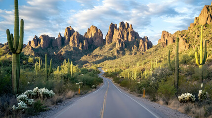 Desert road leads to mountains at sunset