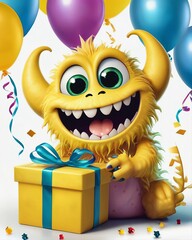A little yellow monster opening a birthday present, digital art, animation, design, illustration, minimalist.