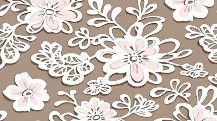 A floral pattern featuring pink and white flowers on a brown background.