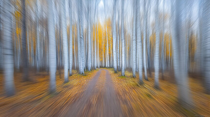 Autumnal path through birch grove, golden leaves, nature scene