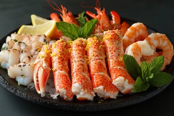 Delicious seafood platter with shrimp, crab legs, lobster, and lemon.
