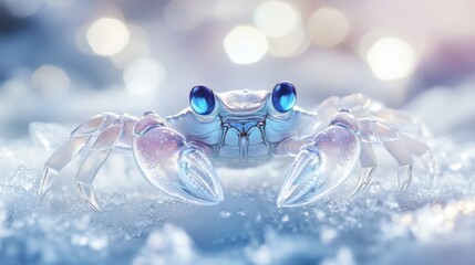 Blue crab on ice, bokeh background, coastal scene, ocean life