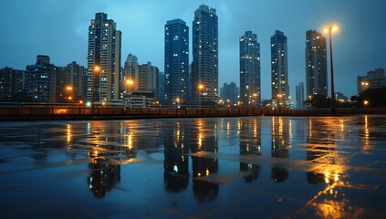 Fototapeta premium City skyline reflected in wet street at night.