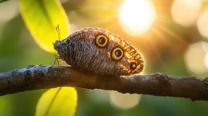 Fototapeta premium Owl butterfly resting on branch, sunset, jungle, nature photography