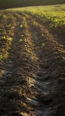 Newly tilled soil and early growth on a farm field