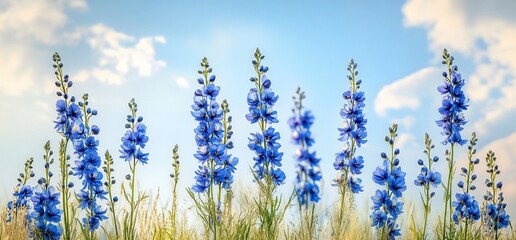 Fototapeta premium Vibrant blue wildflowers bloom under a sunny sky.