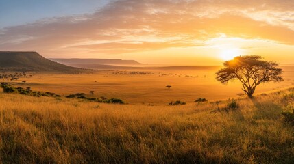 Obraz premium Golden sunrise over African savanna, acacia tree silhouette, misty plains, wildlife.